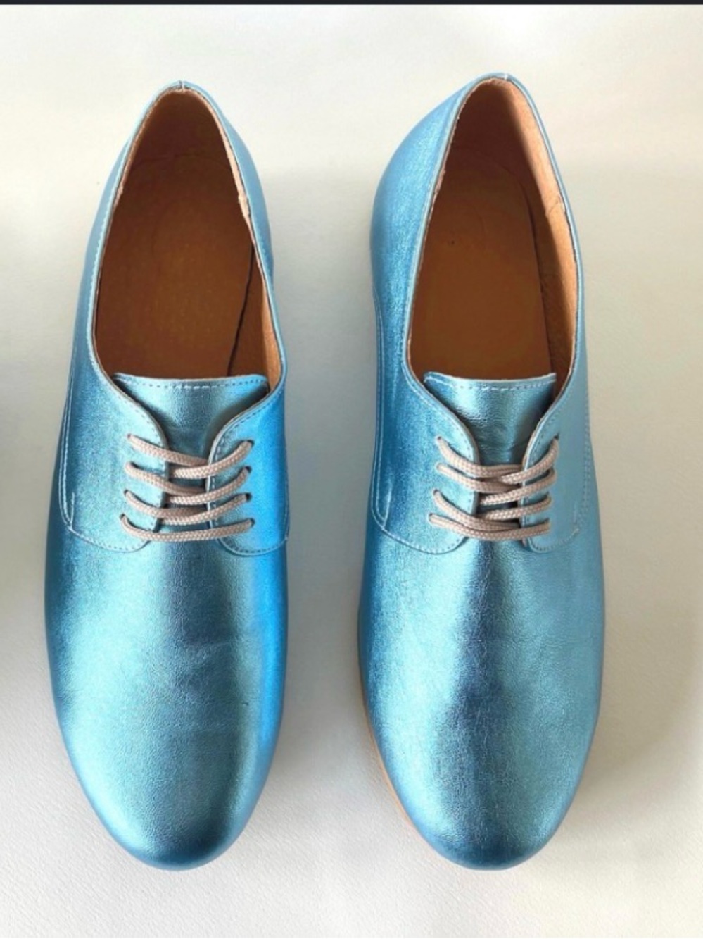 Anthropologie Buttery Soft Metallic Aqua Lace-Up Flats